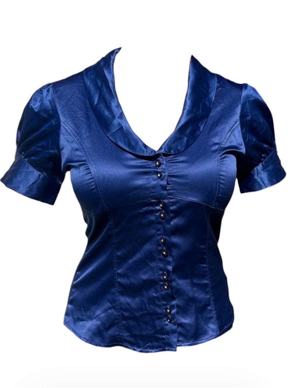 Ali & Kris Navy Satin Button-Front Blouse